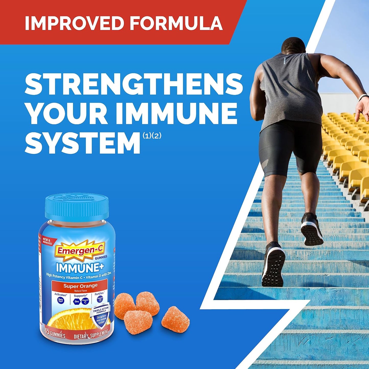 Emergen-C Immune+ Triple Action Immune Support Gummies with BetaVia, 750mg Vitamin C, B Vitamins, Vitamin D and Antioxidants, Super Orange Flavour – 45 Gummies - görsel 3