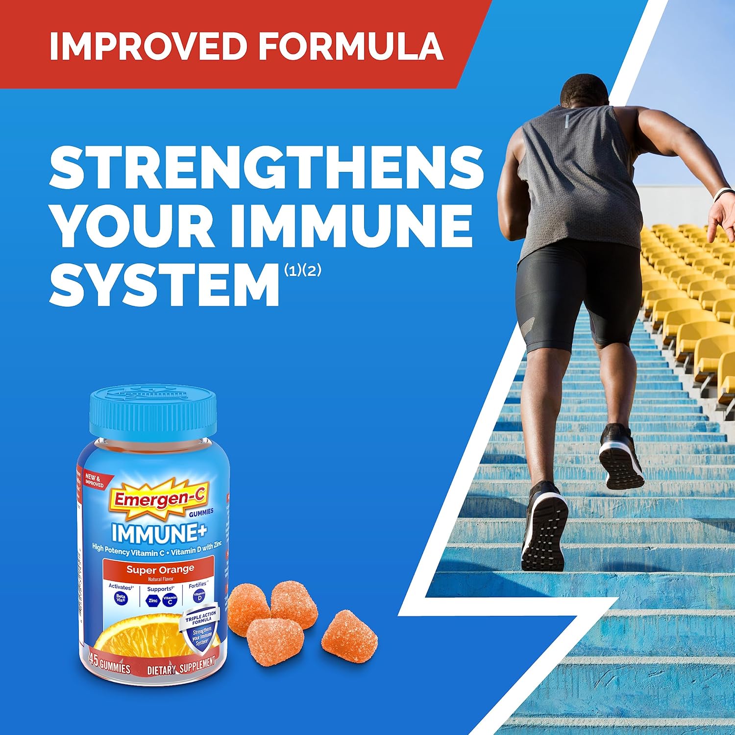 Emergen-C Immune+ Triple Action Immune Support Gummies with BetaVia, 750mg Vitamin C, B Vitamins, Vitamin D and Antioxidants, Super Orange Flavour – 45 Gummies - görsel 3