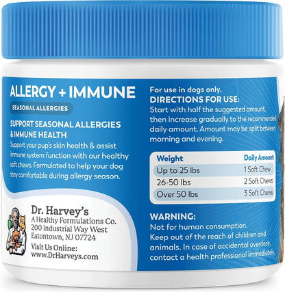 Dr. Harvey's Dog Allergy & Anti-Itch Relief Soft Chew Supplement Bites for Dogs, Daily Immune & Digestive Health Support with Functional Mushrooms, Super Herbs, Probiotics, Salmon Flavour (90 Chews)