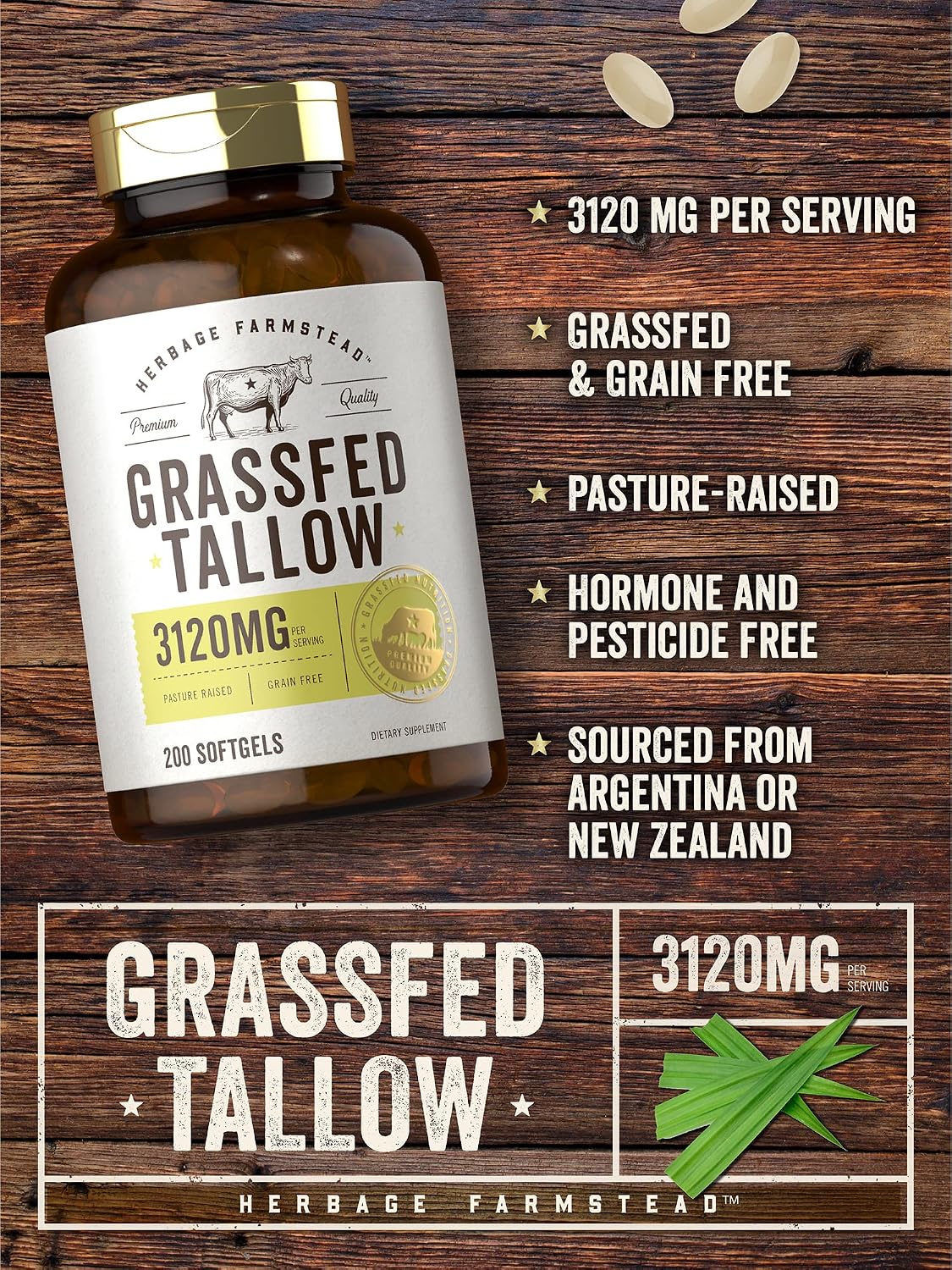 Carlyle Grass Fed Beef Tallow 3120mg | 200 Soft gel capsule Capsules | Pasture Raised Bovine Supplement | Non-GM, Gluten-free | by Herbage Farmstead - görsel 4