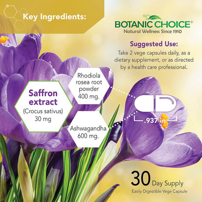 Botanic Choice Stress Complex Capsules – Traditional Herbal Supplement with Saffron, Ashwagandha, Rhodiola – Gluten-Free, 60 Capsules