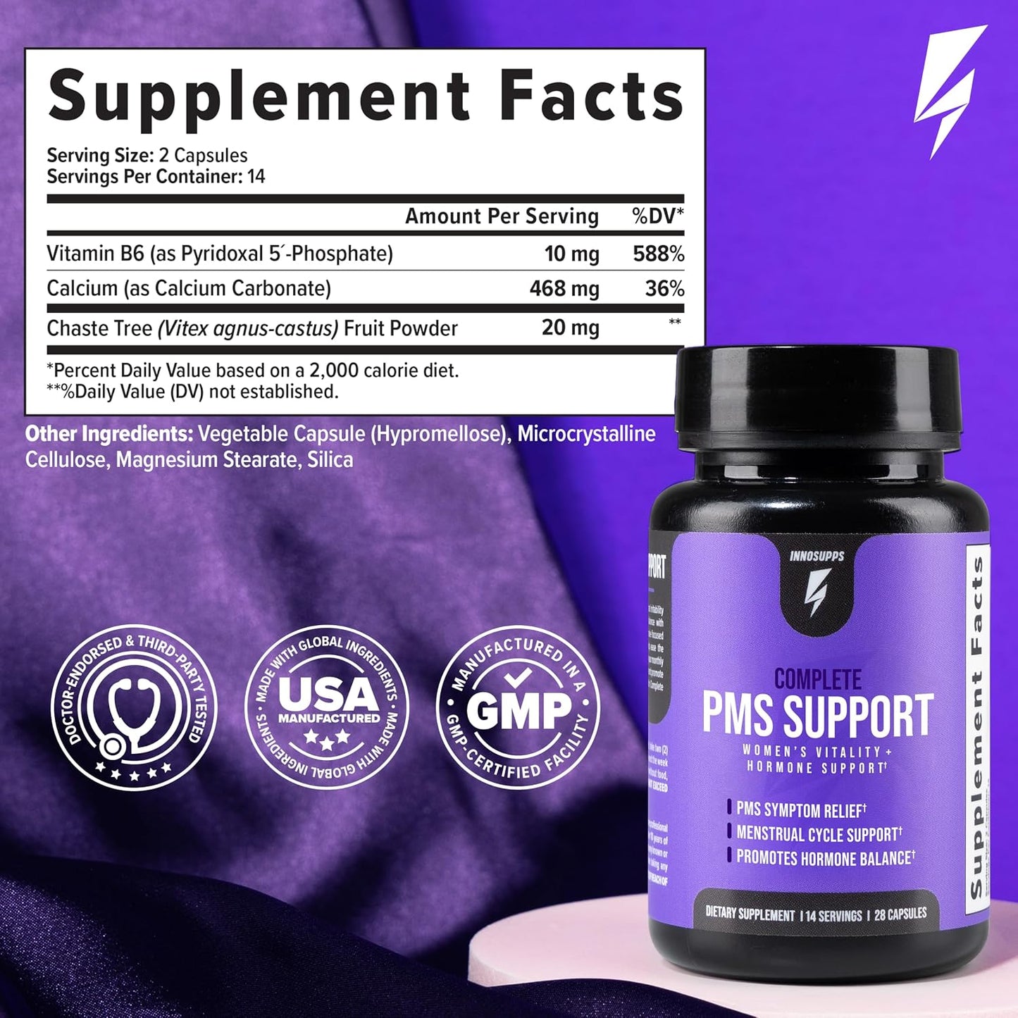 Inno Complete PMS Support - PMS Support Supplement for Women with Chasteberry, Vitamin B6 and Calcium for Menstrual Comfort, Cramp Relief, Mood Support and Cycle Balance (28 Capsules) - görsel 5