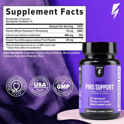 Inno Complete PMS Support - PMS Support Supplement for Women with Chasteberry, Vitamin B6 and Calcium for Menstrual Comfort, Cramp Relief, Mood Support and Cycle Balance (28 Capsules)