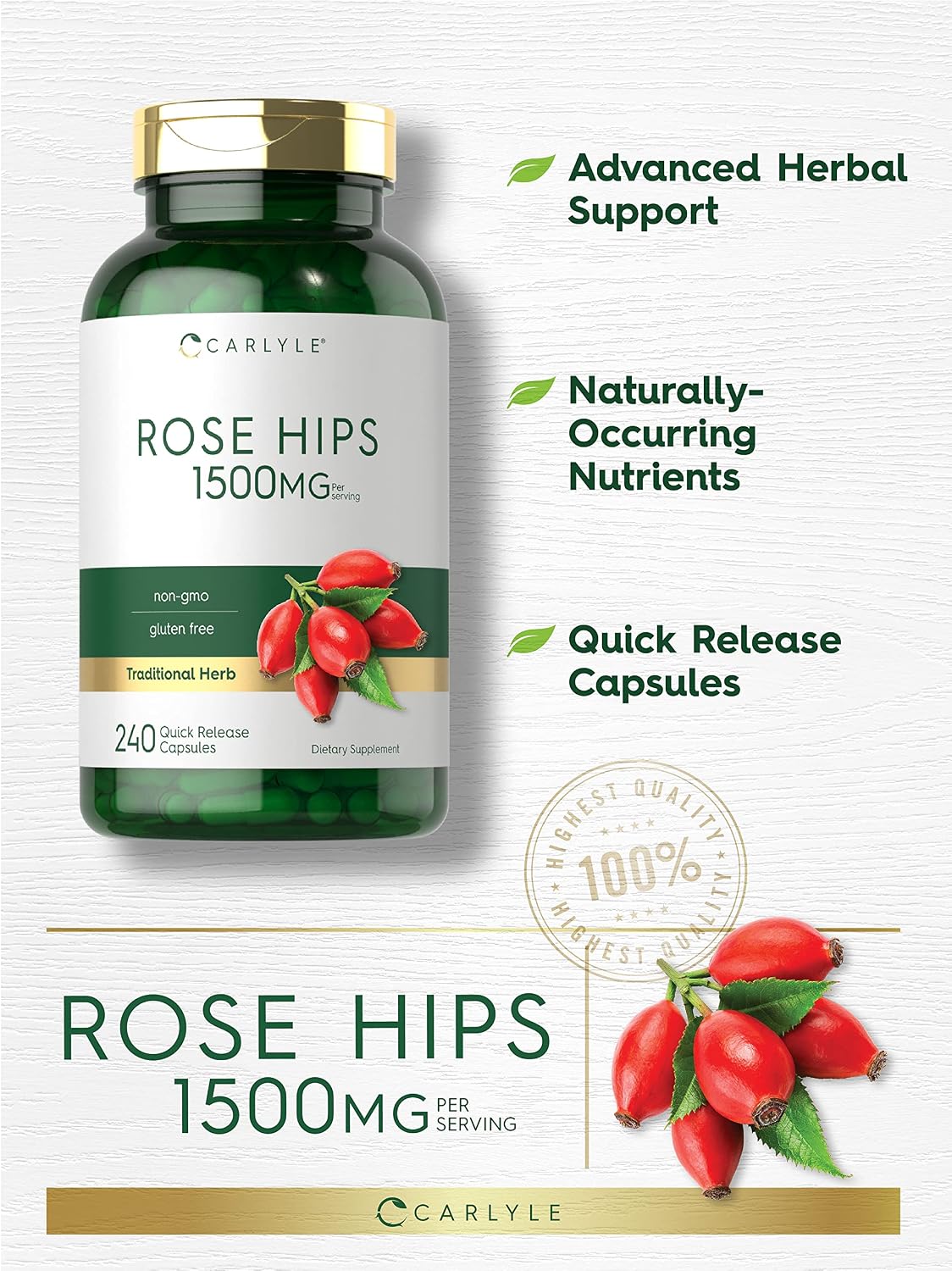 Carlyle Rose Hips | 1500 mg | 240 Quick Release Capsules | Non-GMO & Gluten-free Food Supplement - görsel 3