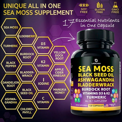 Sea Moss Capsules – 17-in-1 Blend with Black Seed Oil, Ashwagandha, Bladderwrack, Burdock Root, Turmeric, Vitamin D3 K2 C for Daily Health – Multimineral Supplement for Men & Women – 120 Capsules