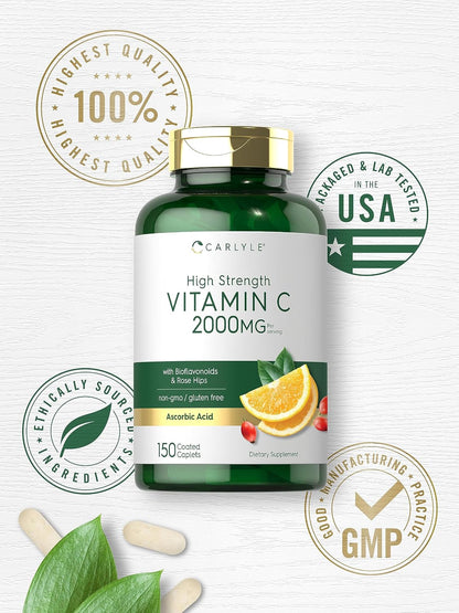 Carlyle Vitamin C 2000mg with Rose Hips - 150 Caplets | Vegetarian, Non-GMO, Gluten-free