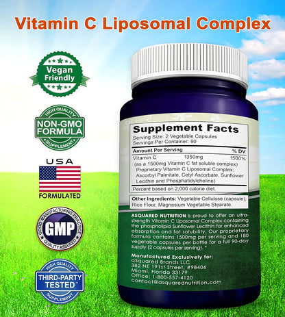 aSquared Nutrition Vitamin C Liposomal Complex - 1500mg - 180 Capsules - High Absorption Supplement