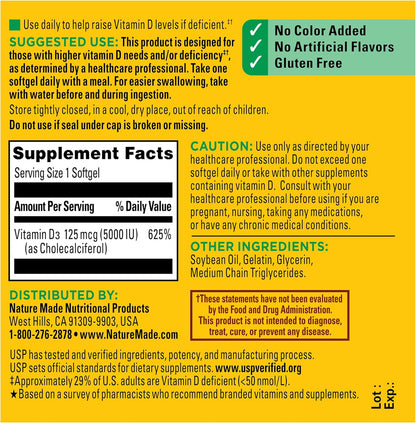 Nature Made Vitamin D3 5000 IU (125 mcg) Softgels, Extra Strength, 360 Count
