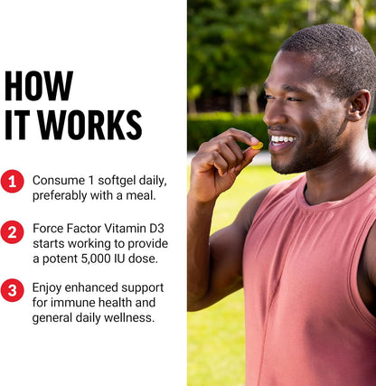 Force Factor Vitamin D3 5000 IU Softgels - High-Potency Vitamin D Supplement for Immune and Bone Health, 120 Softgels