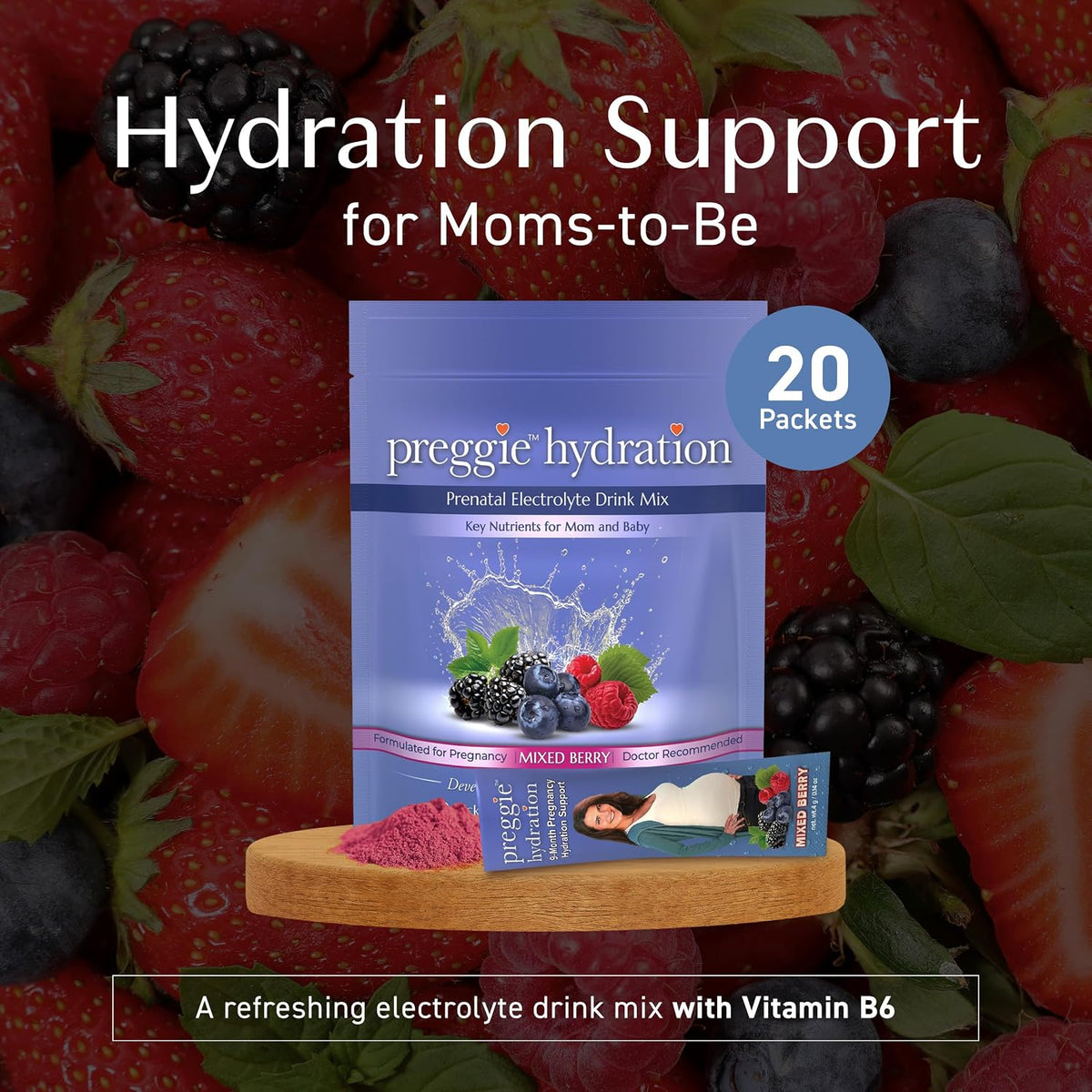 Three Lollies Preggie Hydration Packets for Pregnant Women, Electrolyte Drink Mix with Vitamin B6, Pregnancy Hydration Powder for Mum-to-Be, Mixed Berry Flavour, 20 Single-Serve Packets - görsel 2