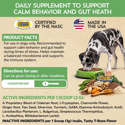 Relaxin’ Rover Calming Supplement for Dogs with Probiotics, Valerian, Chamomile & GABA – T-Bone Flavour (20 Servings)