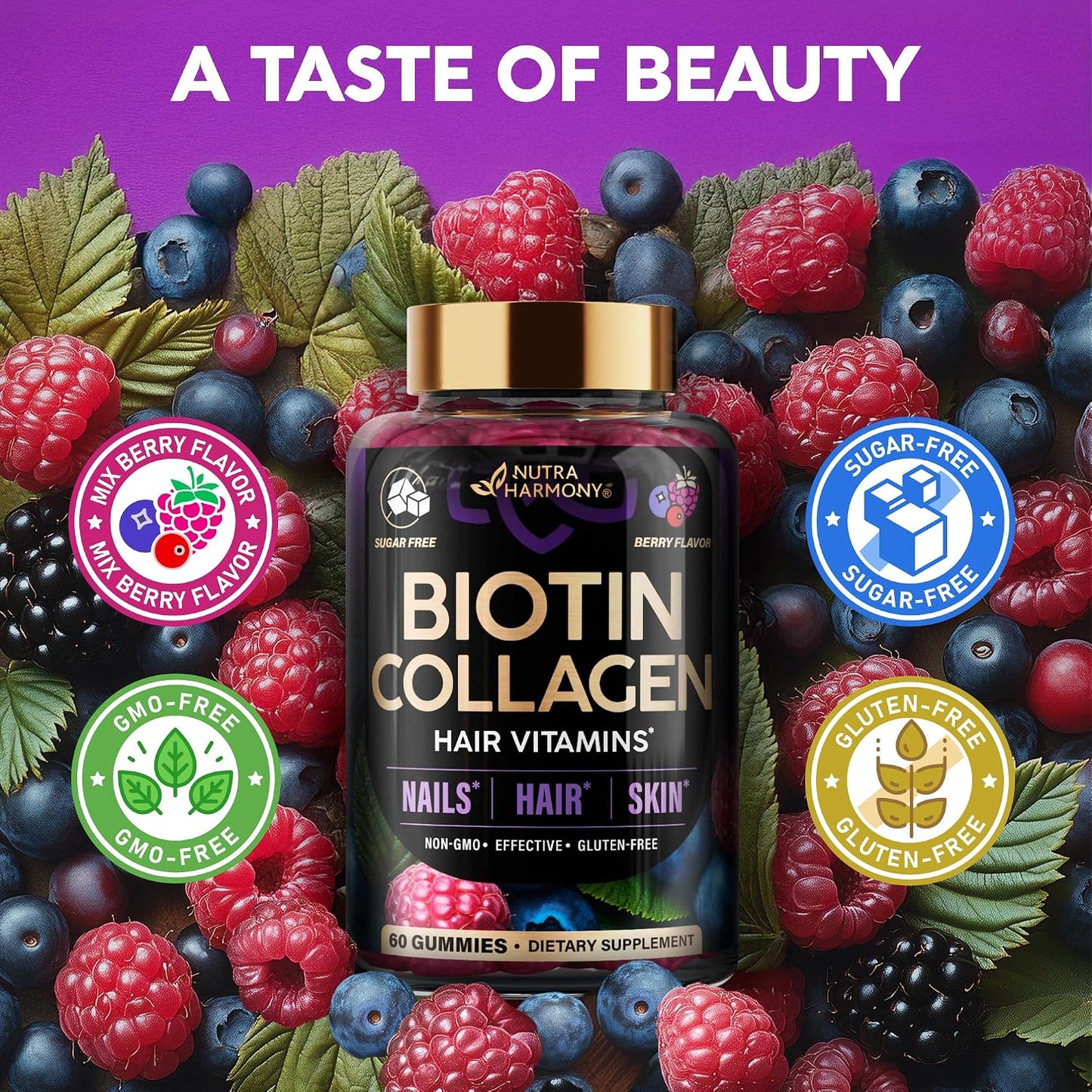 NUTRAHARMONY Biotin Gummies with Collagen - Hair, Skin and Nail Support - 10000mcg - Sugar-Free - Mixed Berry (2-Pack) - görsel 5