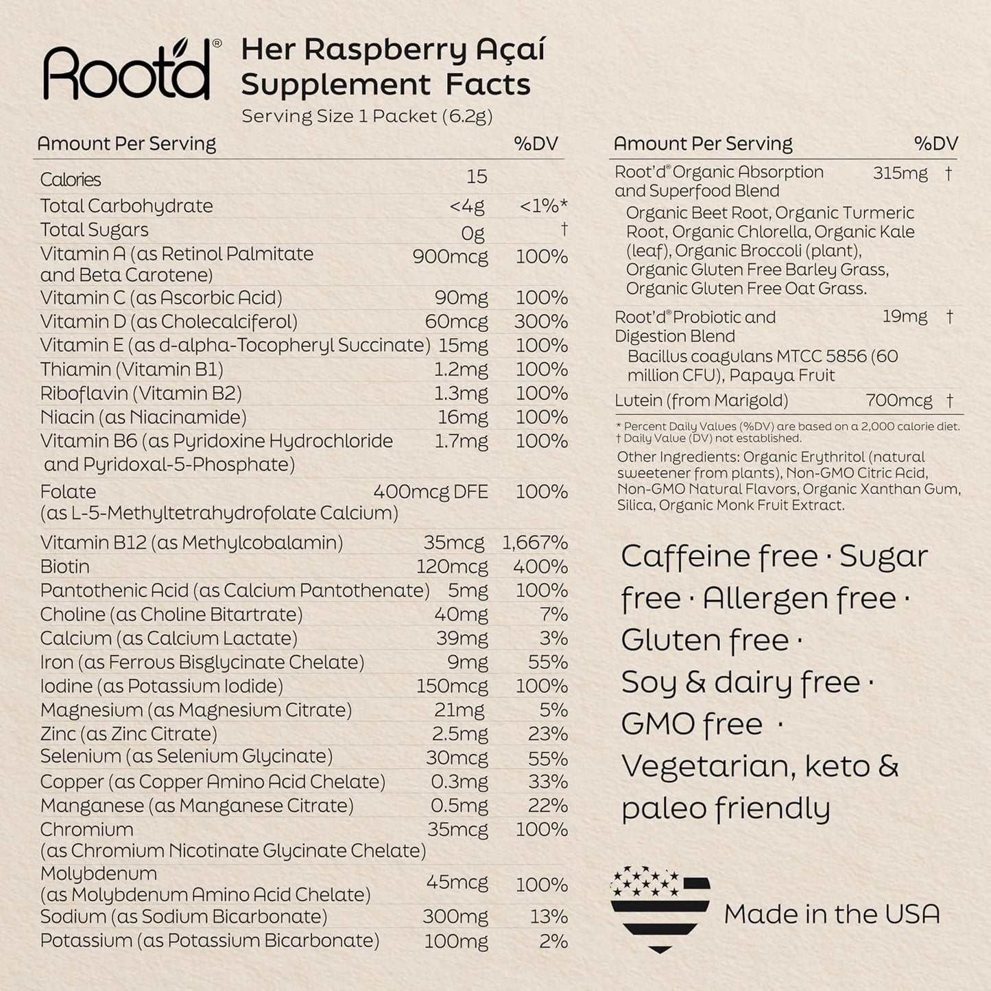 Root'd Multivitamin Powder for Women - 25 Vitamins & Minerals with 3X Electrolytes, 9 Organic Superfoods, Probiotics & Enzymes, Sugar-Free | 24 Packets - görsel 6