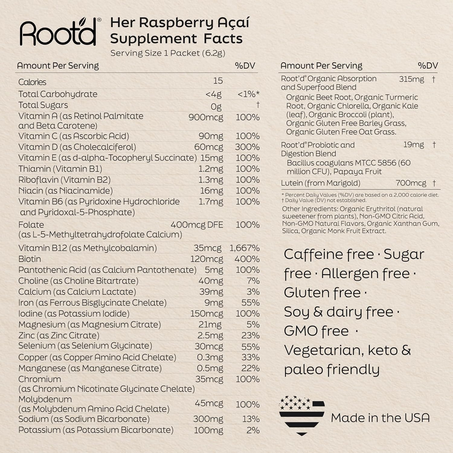 Root'd Multivitamin Powder for Women - 25 Vitamins & Minerals with 3X Electrolytes, 9 Organic Superfoods, Probiotics & Enzymes, Sugar-Free | 24 Packets - görsel 6