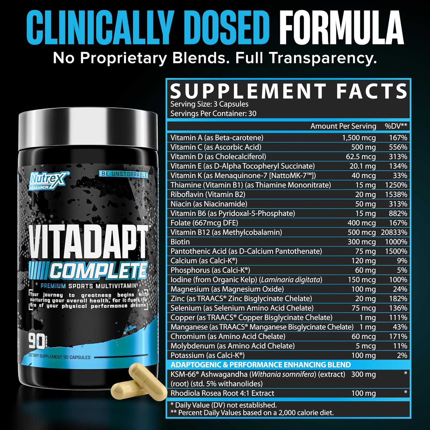 Nutrex Research Vitadapt Complete Sports Multivitamin for Men - 24 Vitamins, KSM-66 Ashwagandha & Minerals (90 Capsules) - görsel 4