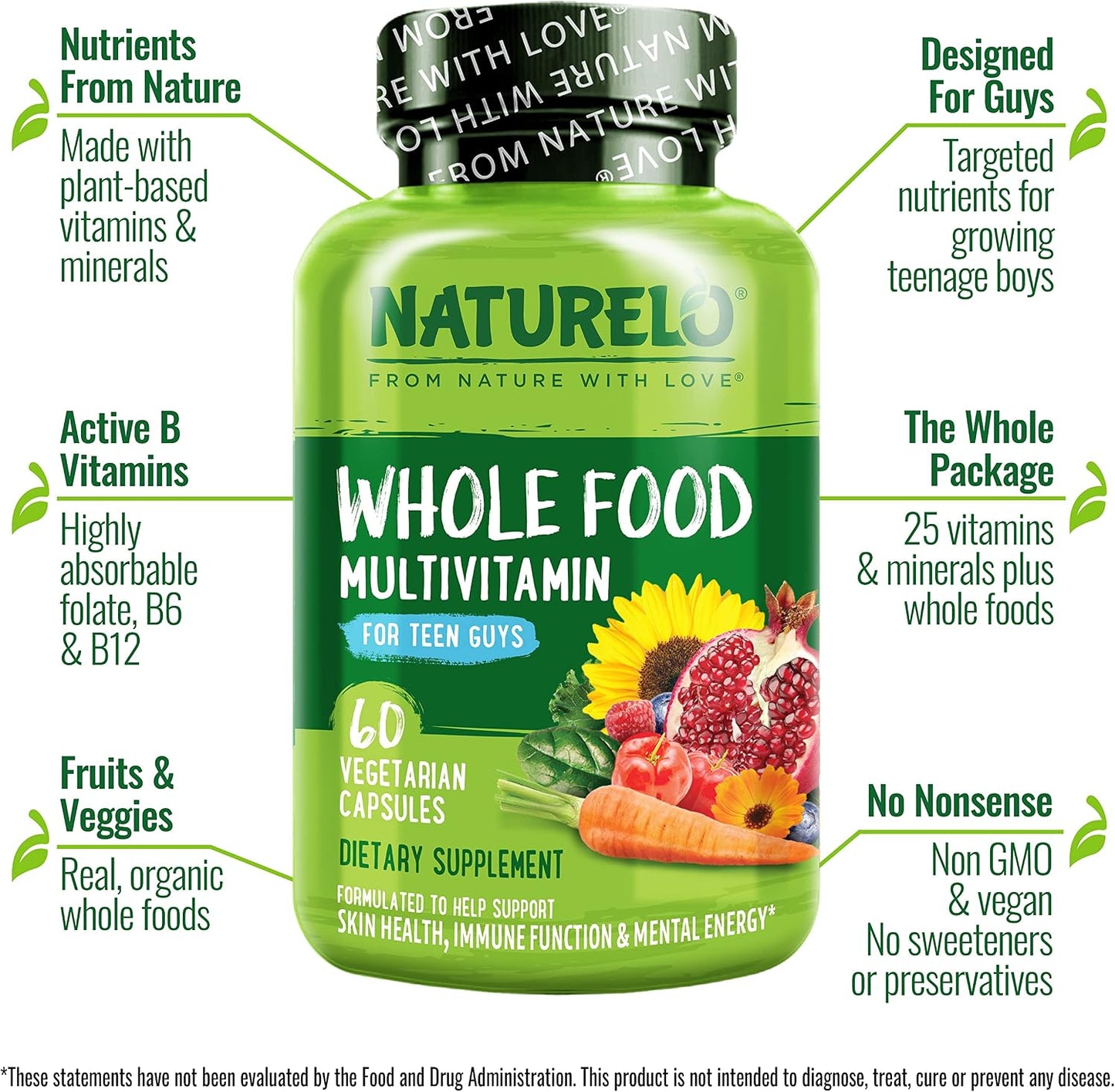 NATURELO Teen Multivitamin - Whole Food Multivitamin for Teenage Boys - 60 Capsules - görsel 2