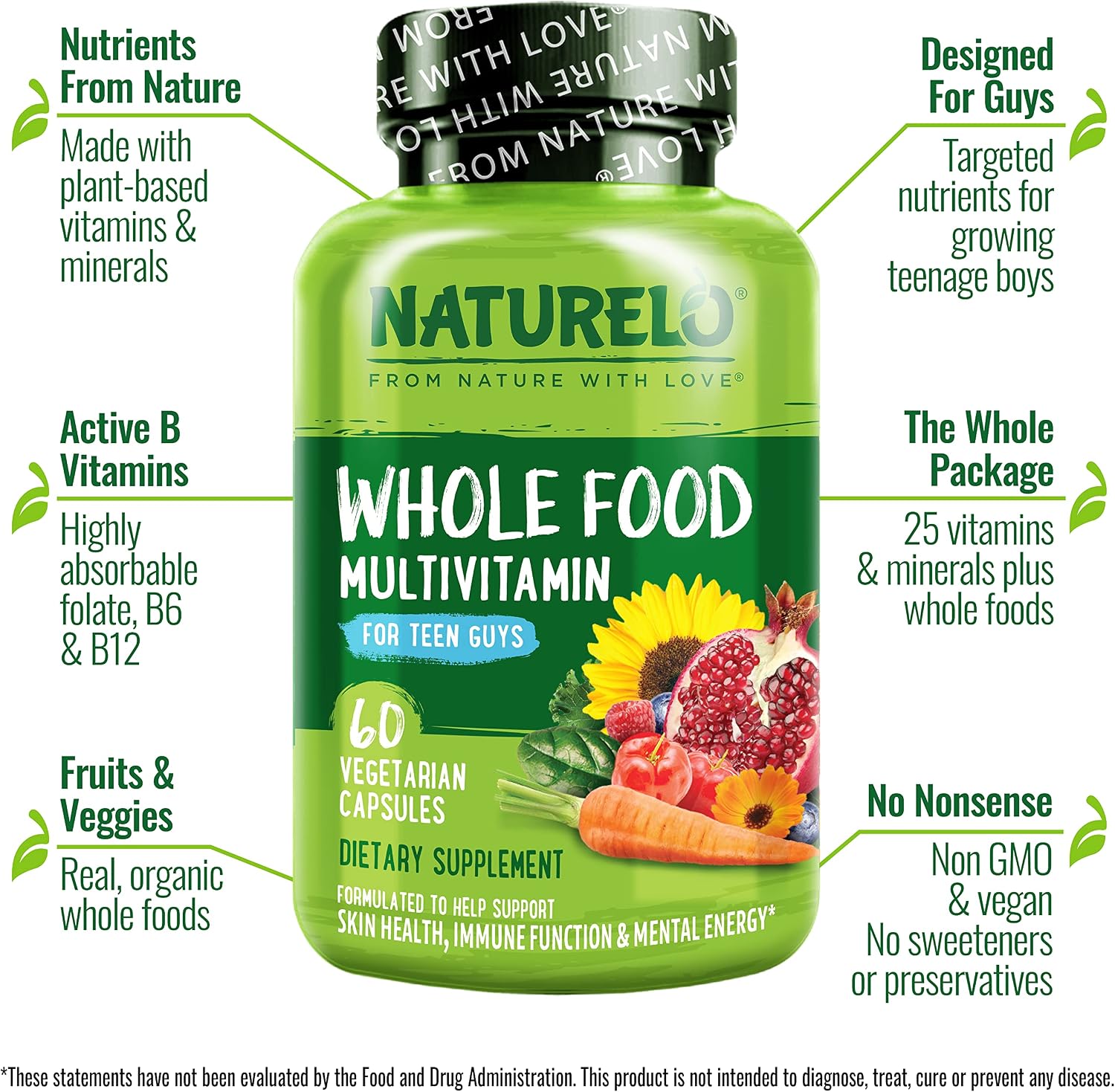 NATURELO Teen Multivitamin - Whole Food Multivitamin for Teenage Boys - 60 Capsules - görsel 2