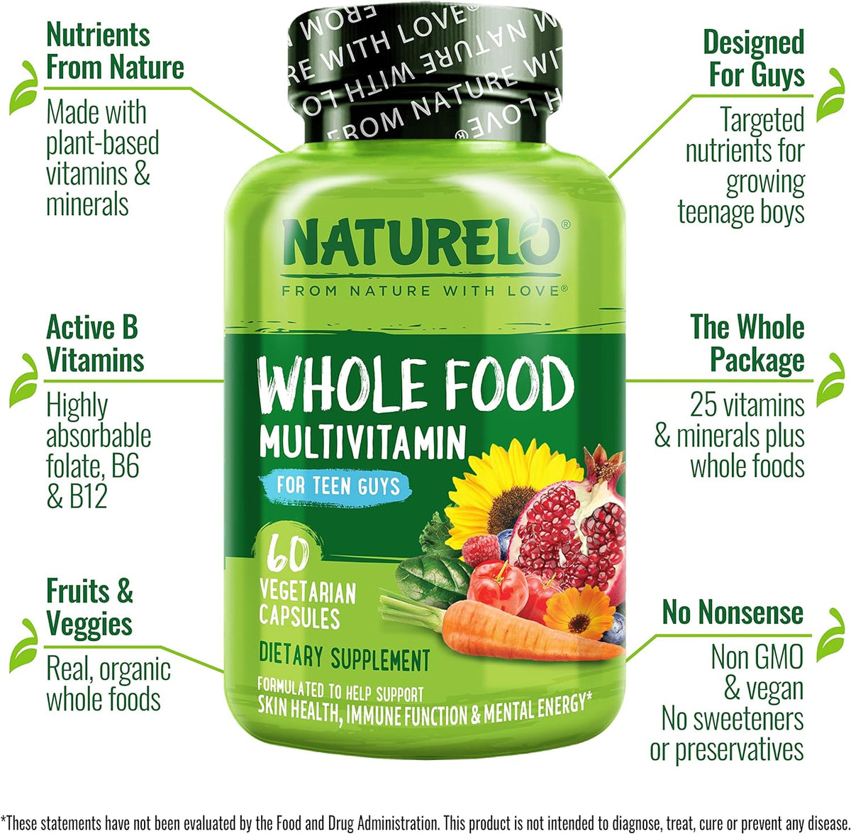NATURELO Teen Multivitamin for Boys - Wholefood Supplement with Plant Extracts - Non-GM, Vegan - 60 Capsules (Pack of 2) – Image 2