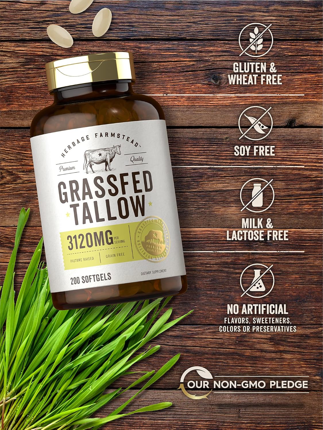 Carlyle Grass Fed Beef Tallow 3120mg | 200 Soft gel capsule Capsules | Pasture Raised Bovine Supplement | Non-GM, Gluten-free | by Herbage Farmstead - görsel 5