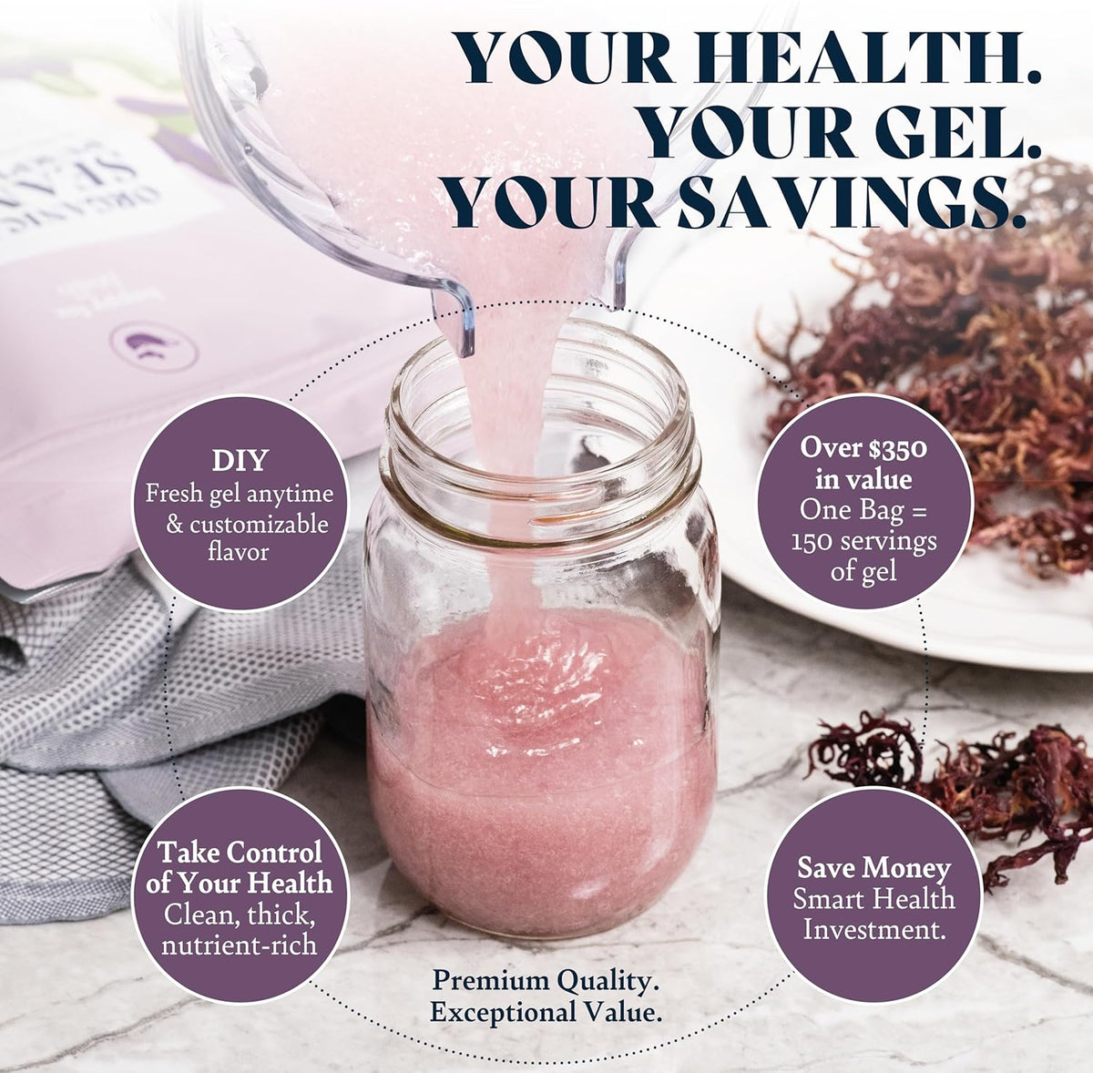 Organic Purple Sea Moss Raw - Makes 2.1 L of Sea Moss Gel, Rich in Phytonutrients & Minerals, Certified Non-GMO, Wildcrafted Superfood - 100 g Bag - görsel 3