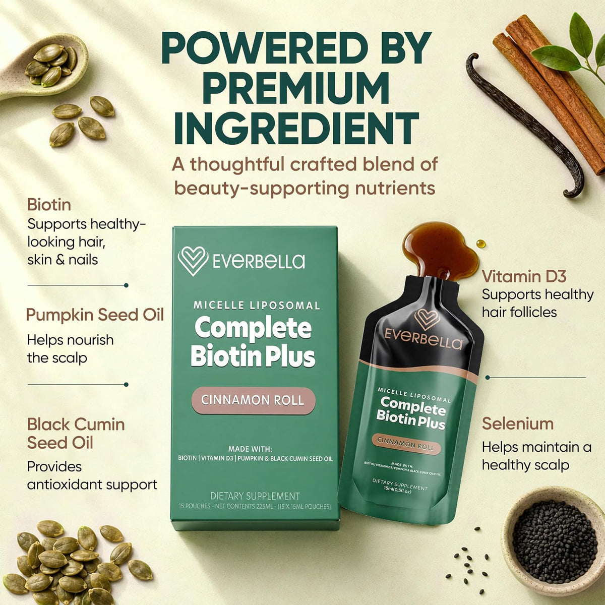 Complete Biotin Plus Liposomal Liquid Pouches - Hair, Skin & Nail Support with Biotin, Pumpkin Seed Oil & Vitamin D3 - Cinnamon Roll Flavour - 15-Day Supply - görsel 3