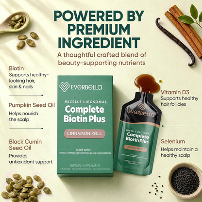 Complete Biotin Plus Liposomal Liquid Pouches - Hair, Skin & Nail Support with Biotin, Pumpkin Seed Oil & Vitamin D3 - Cinnamon Roll Flavour - 15-Day Supply