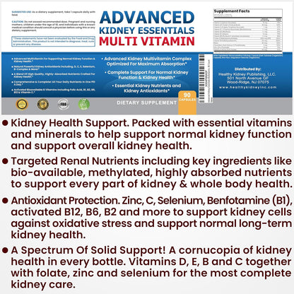 Advanced Kidney Essentials Multivitamin. Kidney Support Supplement for Complete Kidney Health. Renal Vitamins 30 Capsules