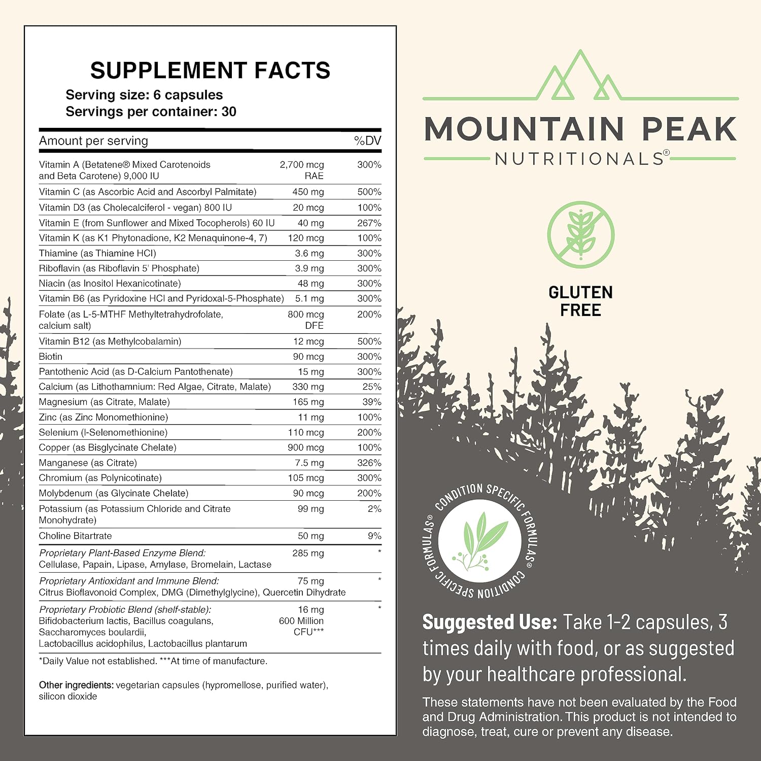 Mountain Peak Nutritionals Ultra High Multivitamin for Men & Women - with Vitamins A, B12, B6, C, D, E, Magnesium, Zinc, Folic Acid, Digestive Enzymes & Probiotics (180 Vegetarian Capsules) - görsel 4