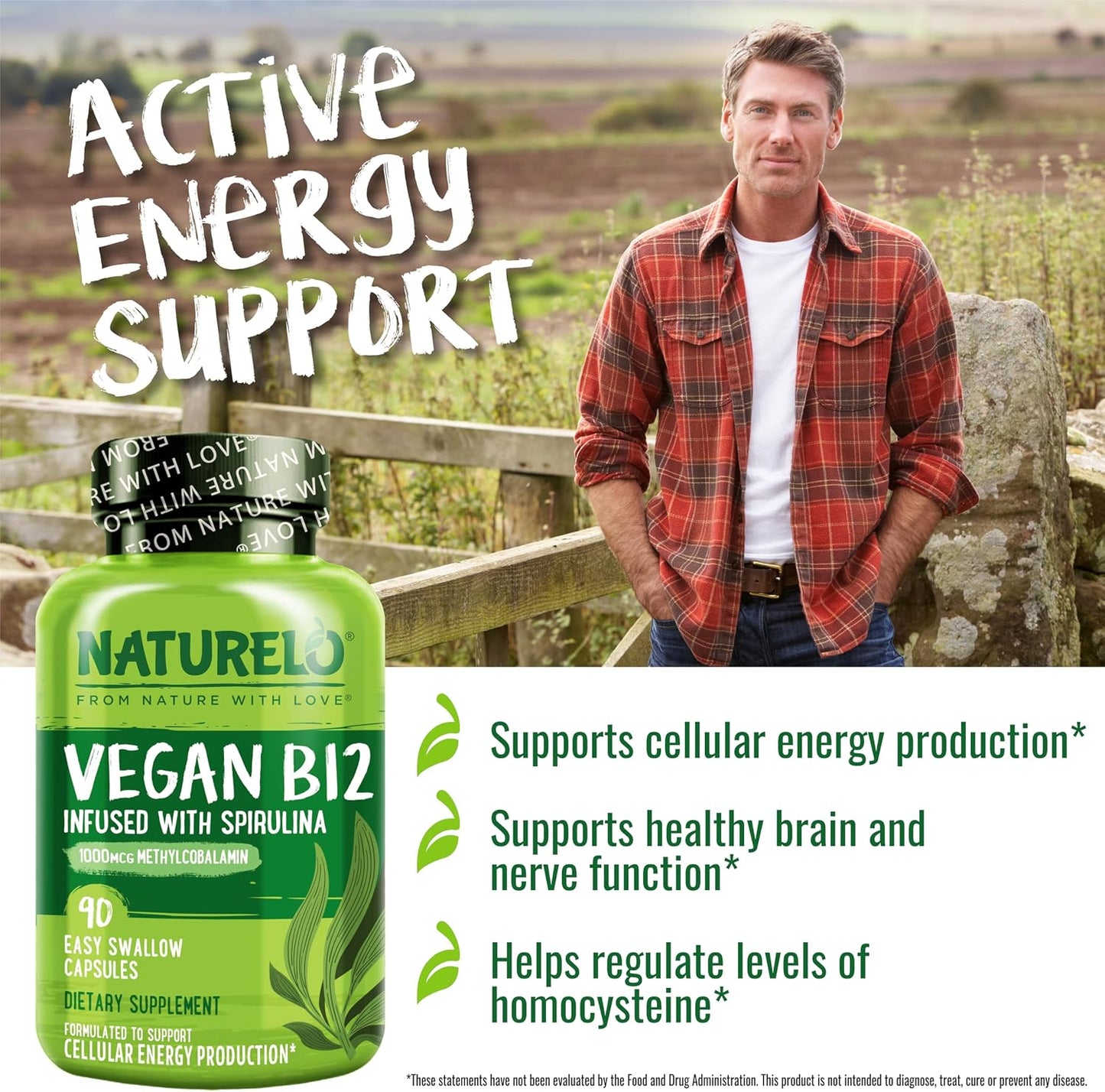NATURELO Vegan B12 - Methyl B12 with Organic Spirulina - High Potency Vitamin B12 1000 mcg Methylcobalamin - 90 Capsules (Pack of 2) - görsel 5