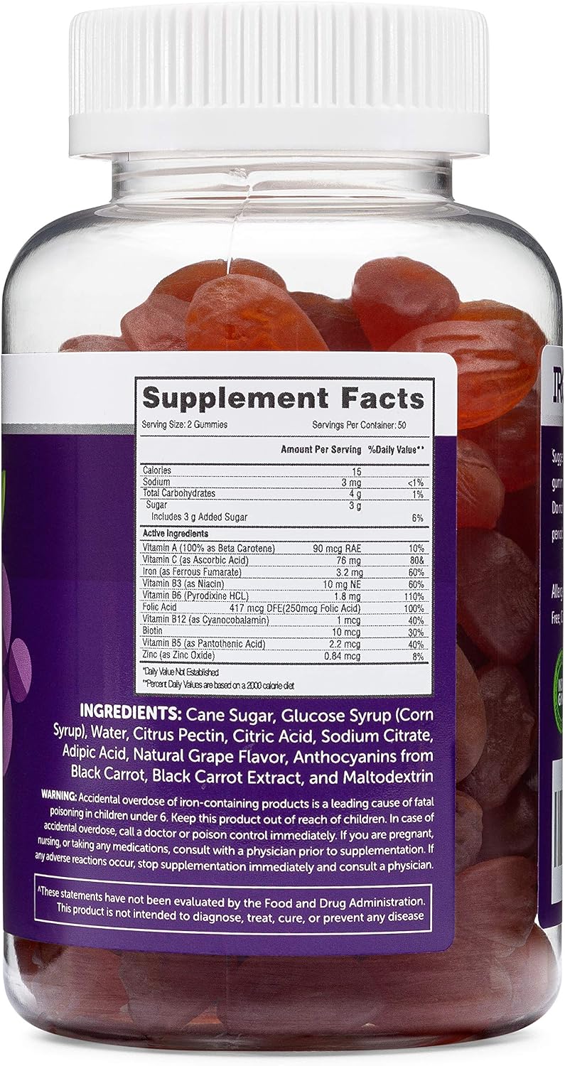 Iron Gummies for Adults and Children, Chewable Multivitamin with Iron, Vitamin C, A, B, Zinc, Folic Acid, and Biotin (Grape Flavoured) Vegan Safe, Made in the USA - görsel 2