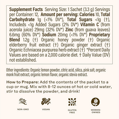 Lemon & Ginger Immune Support Drink Mix with Elderberry, Echinacea, Zinc and Vitamin C - 10 Sachets