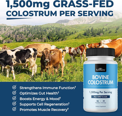 Colostrum Supplement Extra Strength 1500mg – Grass Fed Bovine Colostrum Capsules – Non-GMO, Gluten-free, 90 Count