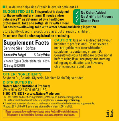 Nature Made Vitamin D3 5000 IU (125 mcg) Softgels, Extra Strength Vitamin D Food Supplement for Bone and Immune Health, 90 Softgels, 90-Day Supply