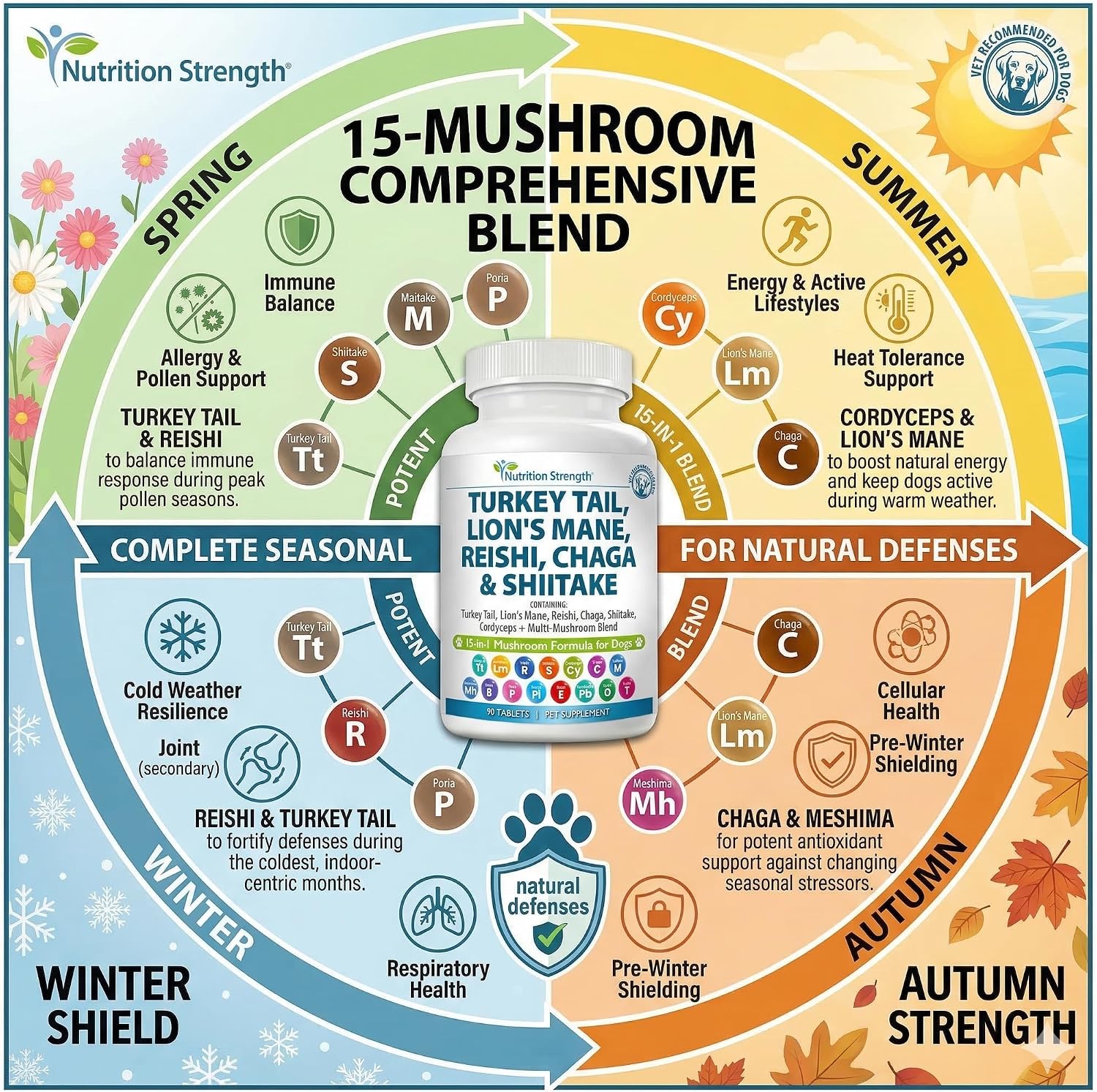 Nutrition Strength 15-in-1 Mushroom Support for Dogs | Immune System and Cognitive Health | 90 Chewable Tablets - görsel 2