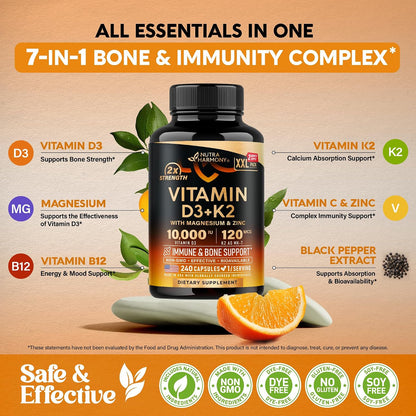 Vitamin D3 10,000 IU & K2 MK-7 with Magnesium, Zinc, Vitamin C, B12 – 240 Capsules