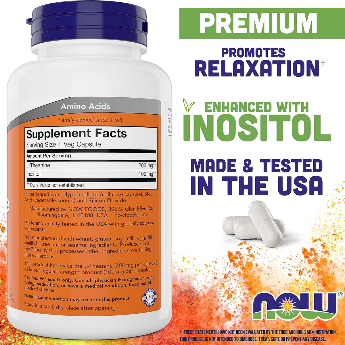 NOW Foods L-Theanine, Double Strength 200 mg with Inositol – 360 Veg Capsules - görsel 2