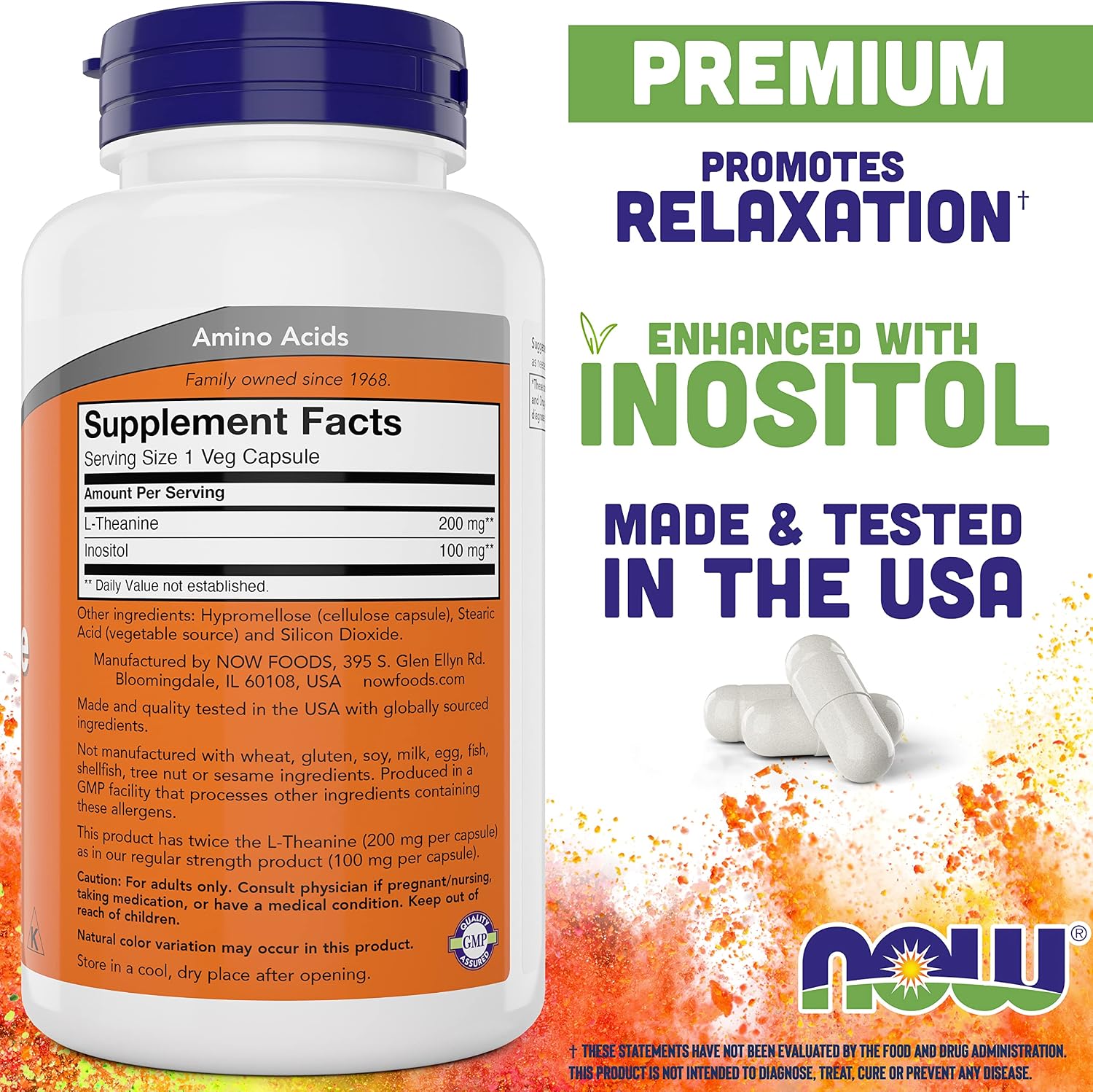 NOW Foods L-Theanine, Double Strength 200 mg with Inositol – 360 Veg Capsules - görsel 2