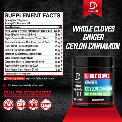 DEDICAD 11in1 Cloves Supplement with Ginger, Ceylon Cinnamon, and 8 Other Herbs - Digestive, Immune, and Mood Support - 60 Capsules (30-Day Supply)