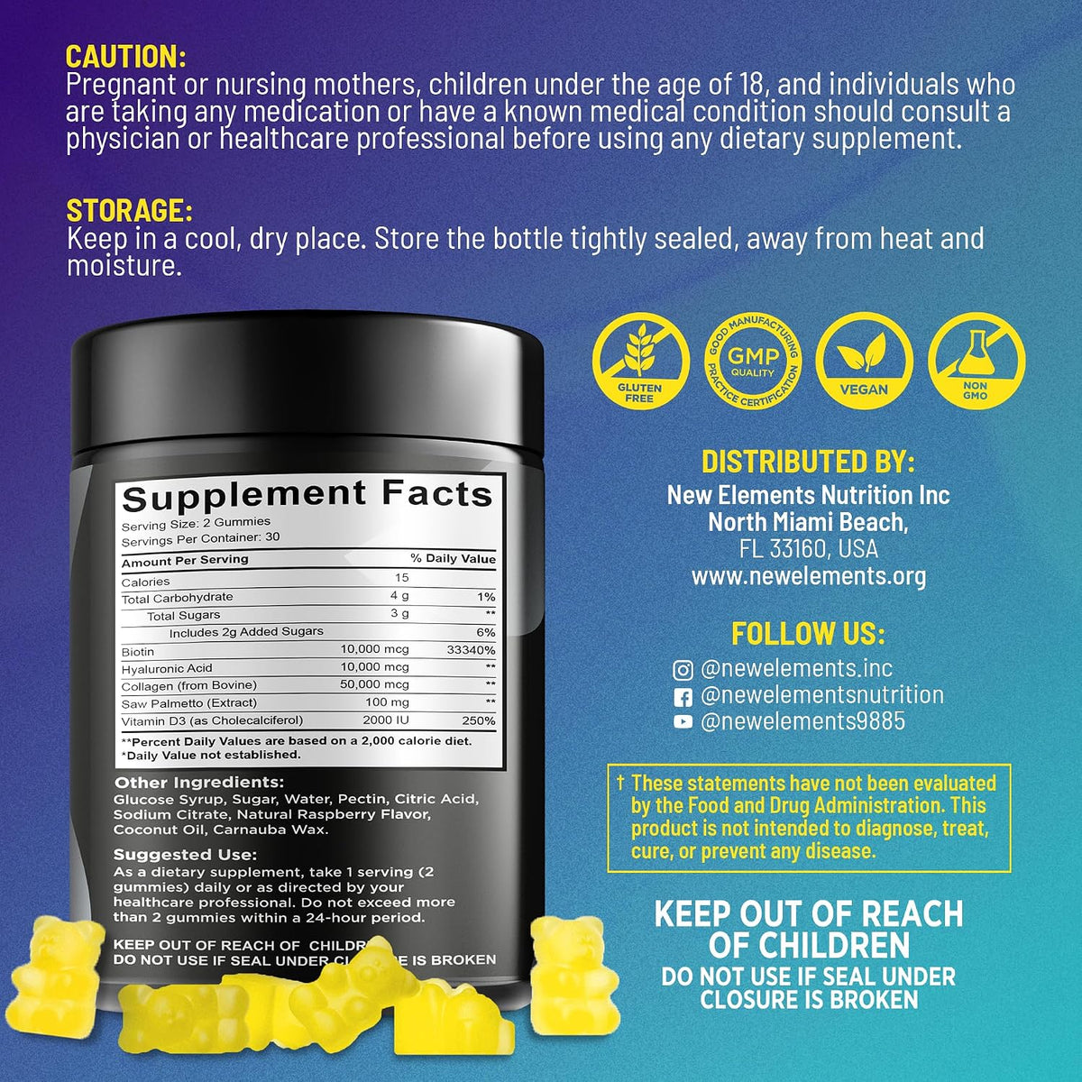 New Elements Biotin Gummies with Collagen, Vitamin D3, Saw Palmetto & Hyaluronic Acid for Hair, Skin and Nails - Non-GMO, Gluten-Free, Natural Pineapple Flavour - görsel 3
