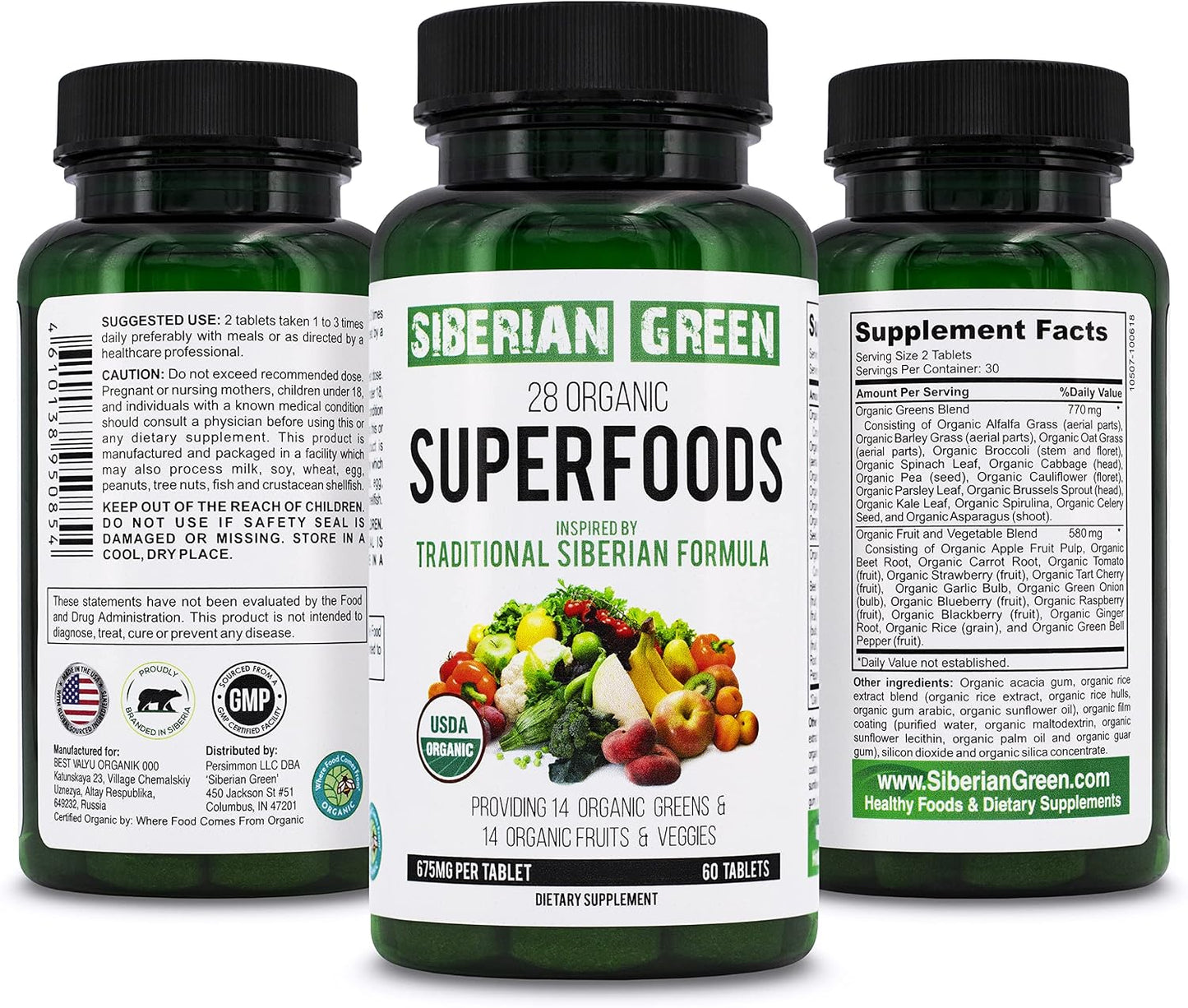 Siberian Green 28 Organic Superfoods Supplement 60 Tablets - 14 Essential Greens, 14 Nutritious Fruits & Vegetables from Traditional Formula for Energy, Wellbeing, Health - görsel 1