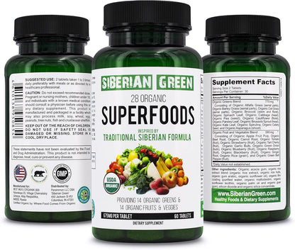 Siberian Green 28 Organic Superfoods Supplement 60 Tablets - 14 Essential Greens, 14 Nutritious Fruits & Vegetables from Traditional Formula for Energy, Wellbeing, Health
