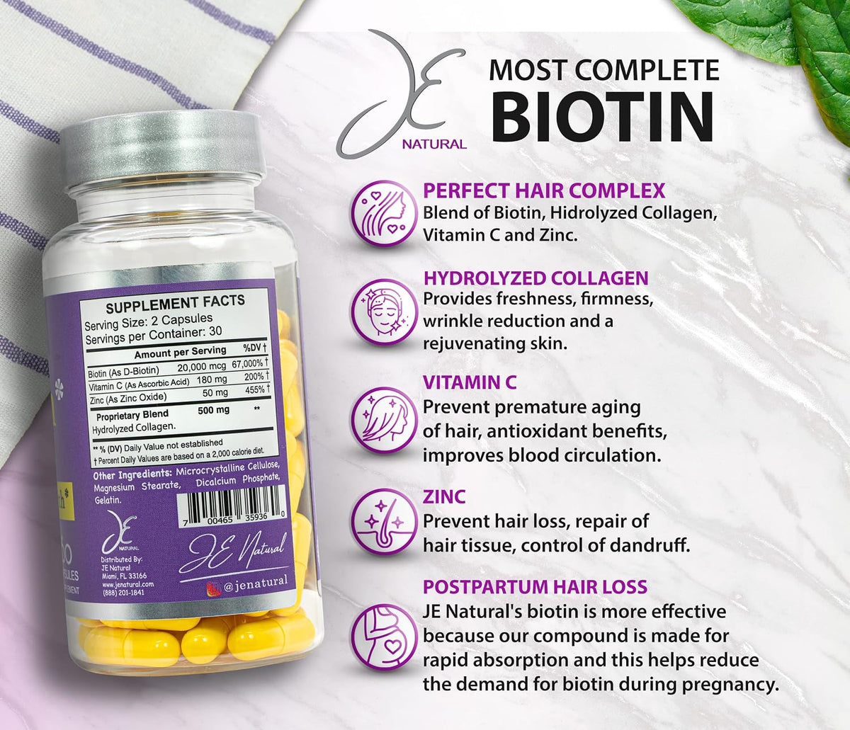 JE Natural Biotin 20,000 mcg Maximum Strength with Vitamin C and Collagen - Hair, Skin and Nails Support - 60 Capsules - görsel 2
