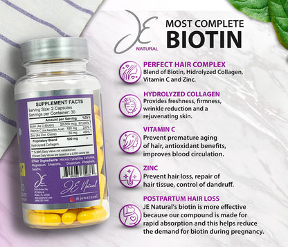 JE Natural Biotin 20,000 mcg Maximum Strength with Vitamin C and Collagen - Hair, Skin and Nails Support - 60 Capsules
