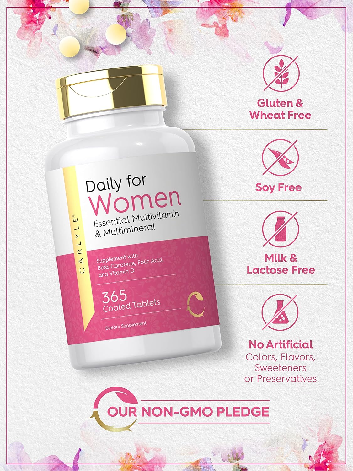 Carlyle Multivitamin and Multimineral for Women | 365 Tablets | Daily Supplement with Beta-Carotene, Folic Acid and Vitamin D | Non-GMO, Gluten-free - görsel 4