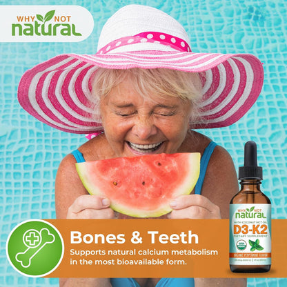 Why Not Natural Organic Vitamin D3 K2 (MK-7) Liquid Drops, 5000 IU D3 with Coconut MCT Oil, for Bones, Teeth and Immune Support