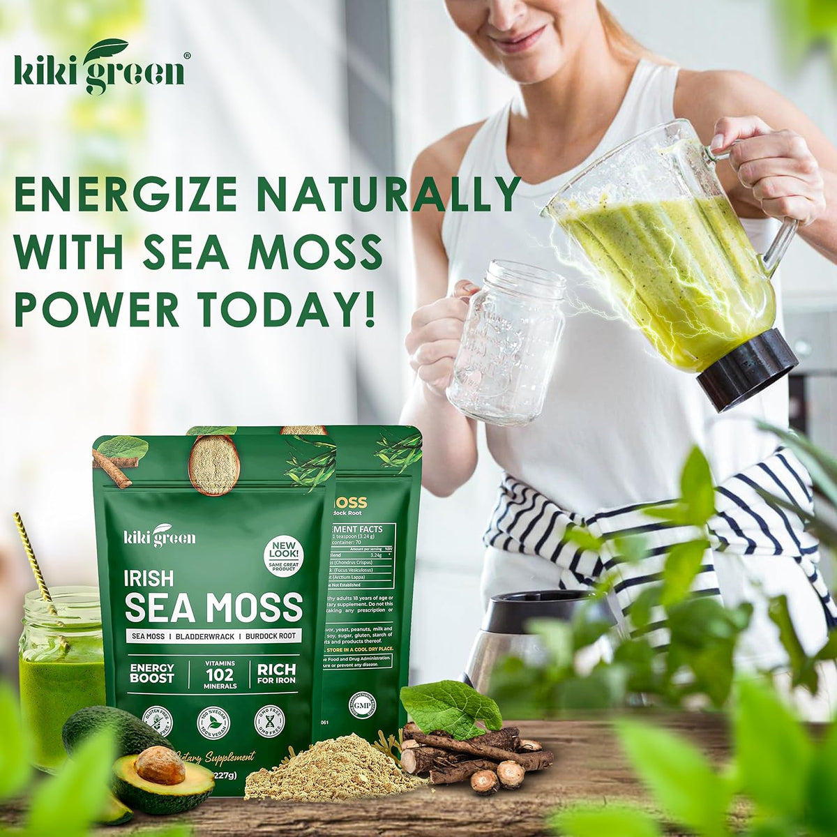 KIKI Green Irish Sea Moss Powder – Bladderwrack & Burdock Root – 227 g – Vegan Immune Support - görsel 7