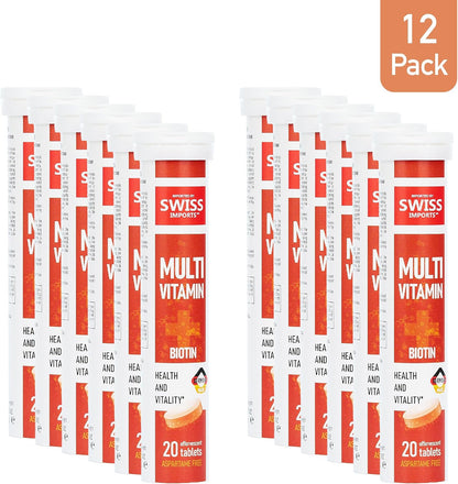 Effervescent Multivitamins + Biotin – Food Supplement for Wellness and Vitality, 12-Pack (240 Tablets)