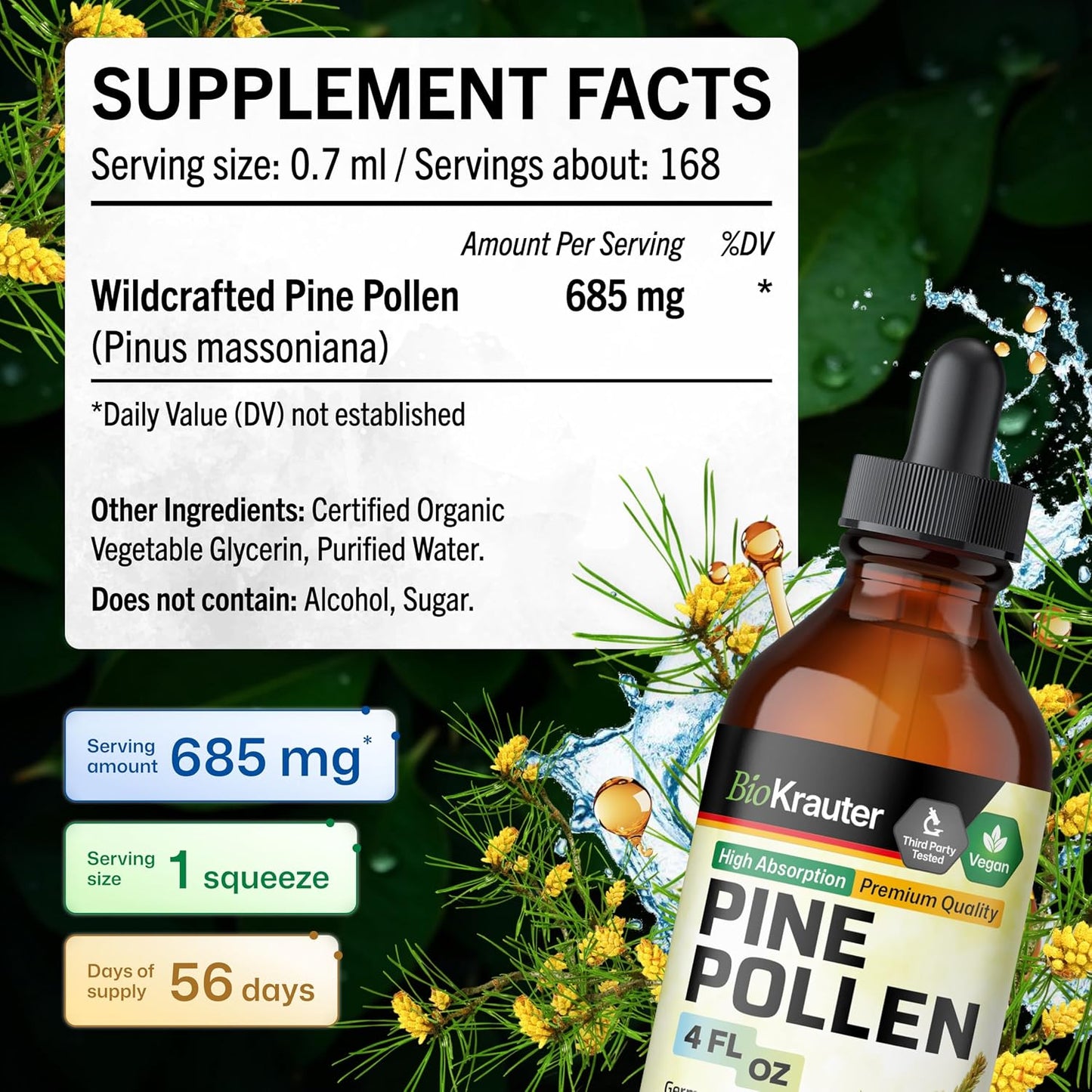 BIO KRAUTER Pine Pollen Tincture for Men's Support – Pure & Vegan, 685 mg per Serving, 118 ml - görsel 4
