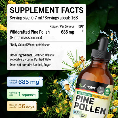 BIO KRAUTER Pine Pollen Tincture for Men's Support – Pure & Vegan, 685 mg per Serving, 118 ml