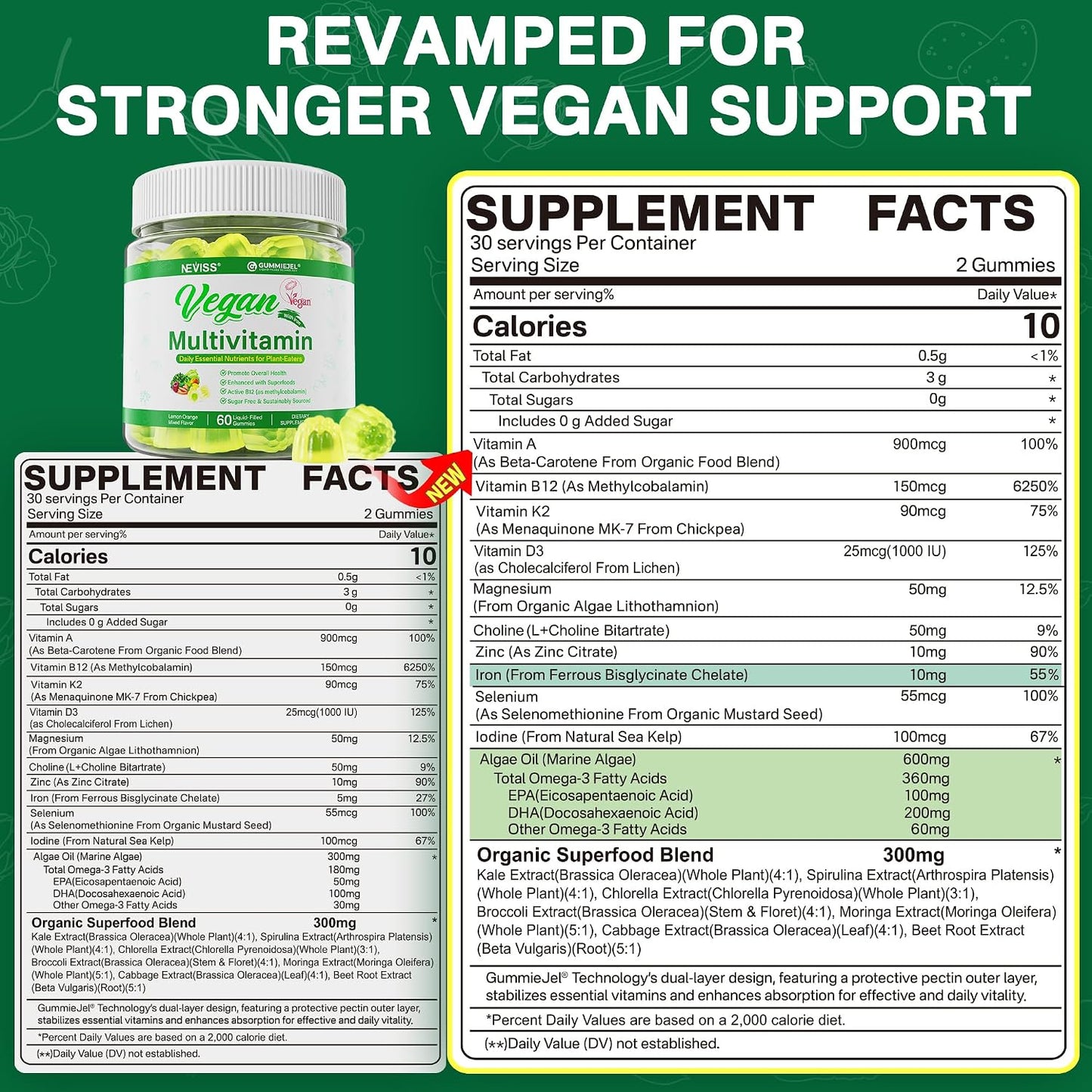 NEVISS Vegan Multivitamin Gummies (2 Pack) – Sugar-Free, Whole Food Vitamins for Women & Men with Methyl B12, D3 K2, Omega-3, Iron, Choline & Zinc - görsel 2